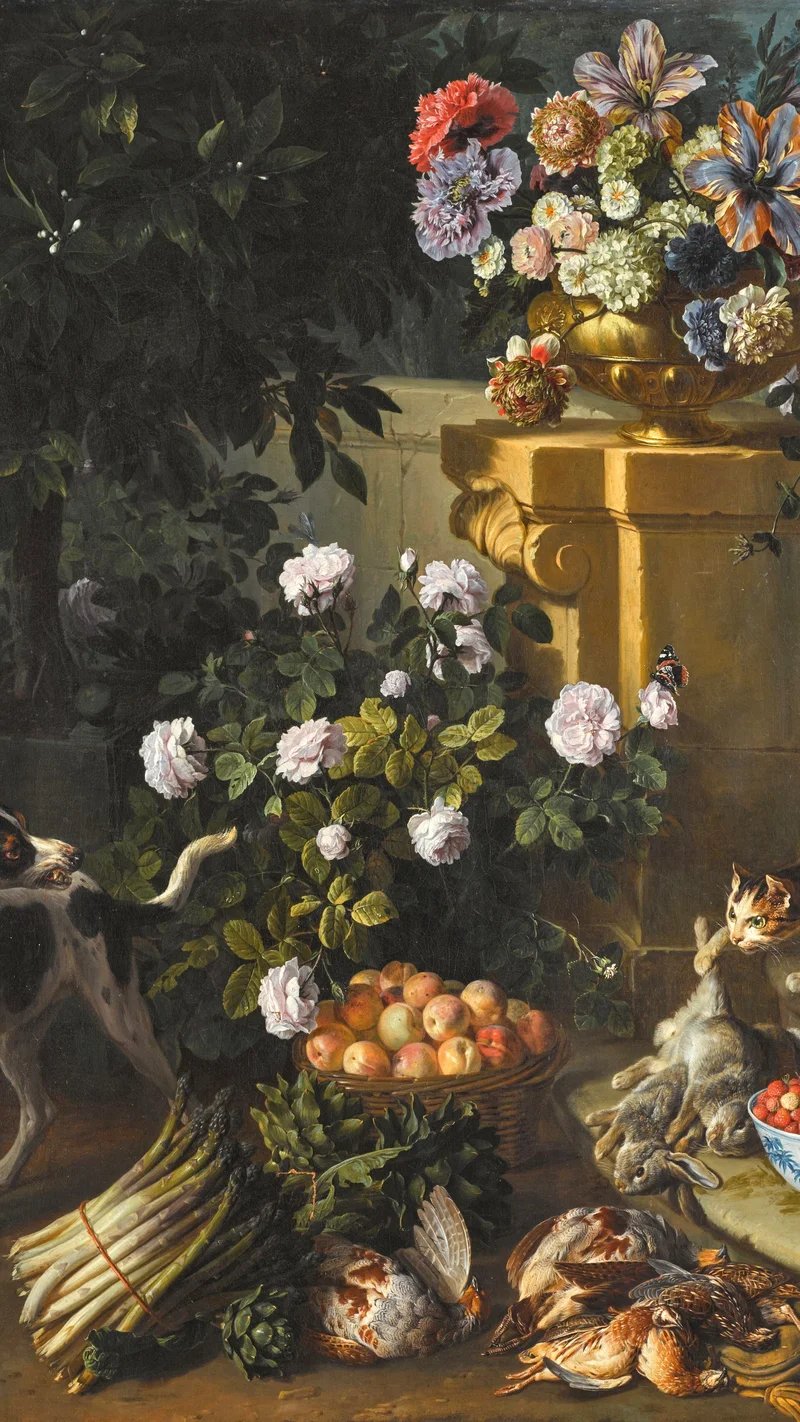 Alexandre-François Desportes — Still Life with a Dog and a Cat in a Garden Landscape with Game