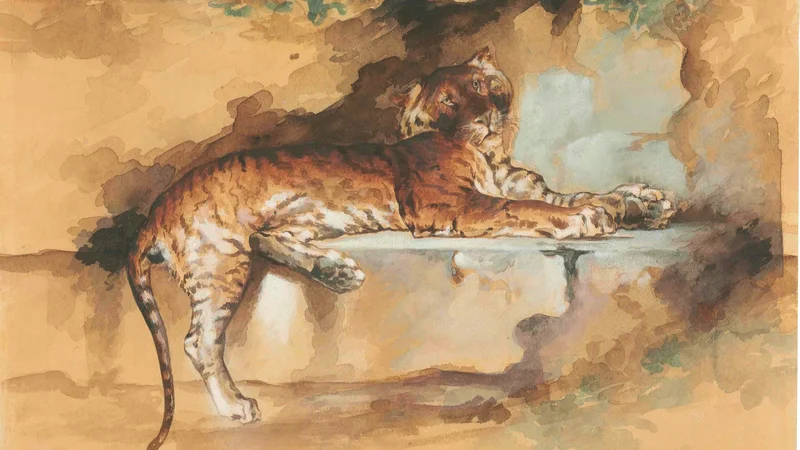 A tiger resting on a ledge