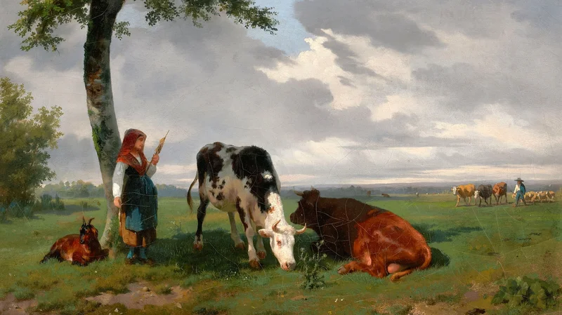 Rosa Bonheur — Shepherdess and Two Cows in a Meadow