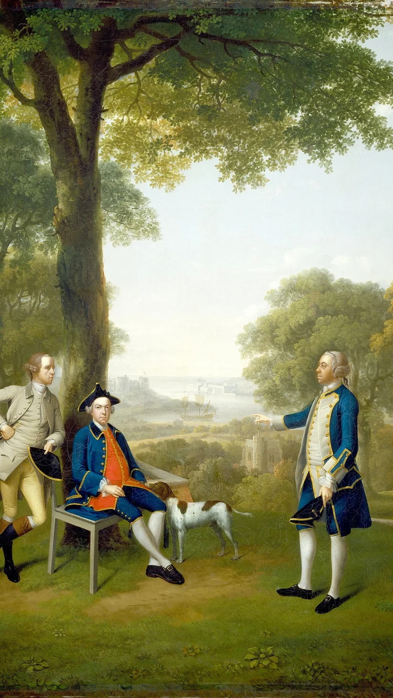 Arthur Devis — Arthur Holdsworth Conversing with Thomas Taylor and Captain Stancombe by the River Dart