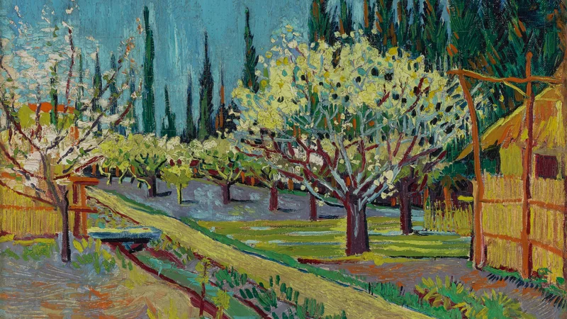 Verger en fleurs, entouré de cyprès