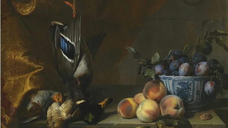 Alexandre-François Desportes — Still life of plums in a blue and white porcelain bowl