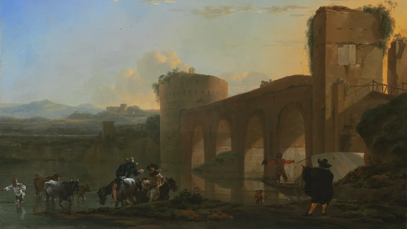 Jan Asselijn — The Tiber River with the Ponte Molle at Sunset