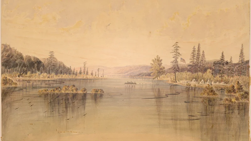 James Madison Alden — Sinyakwateen Depot from near left bank of Clarke's Fork looking up. Camp bears N. E
