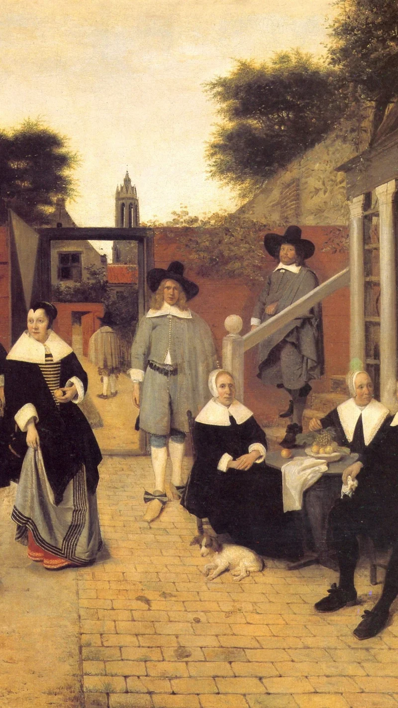 Pieter de Hooch — A Woman and Two Men in a Courtyard