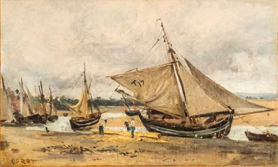 Trouville, fishing boats stranded in the channel