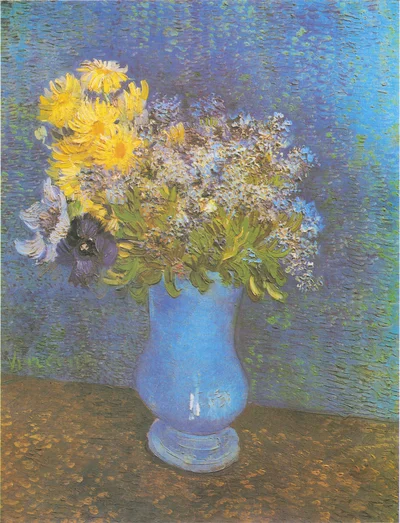 Jarrón con lilas, margaritas y anémonas