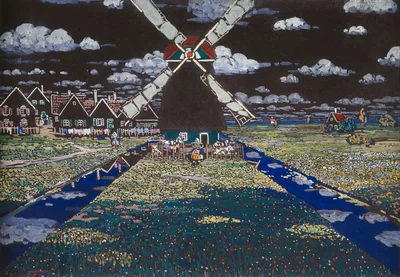 Windmill and Houses at Night