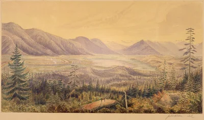 Valley of Kootenay from hills near Akleu Cache (left bank) looking N.W