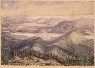 View from summit of Lookout Mountain, right bank of Clark's Fork opposite Sinyakwateen, showing Pend'oreille Lake in the distance