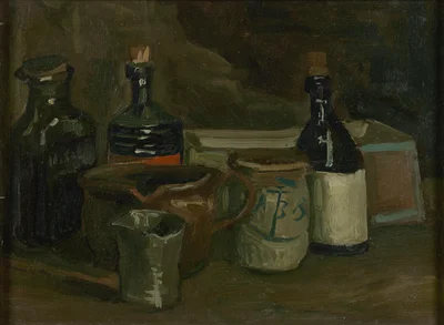 Stilleben mit Flaschen und Steingut