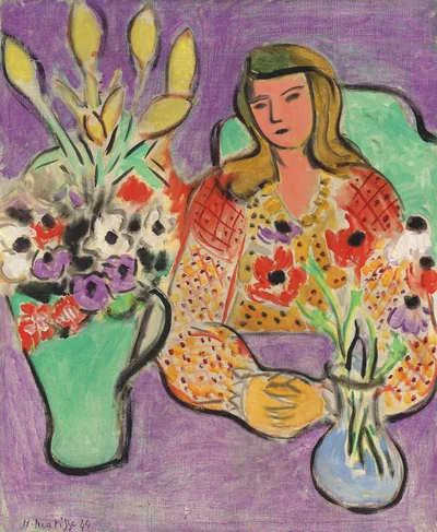 Young Girl with Anemones on a Violet Background