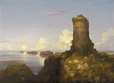 Romantische Landschaft mit verfallener Turmruine