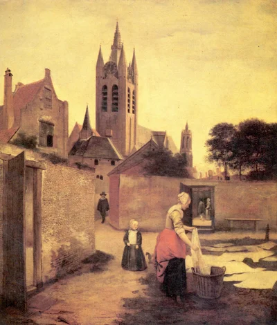 A Woman and a Child in a Courtyard
