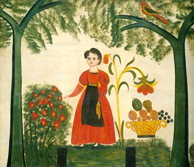 Girl in Red with Flowers and a Distelfink