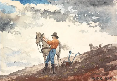 Rapaz e cavalo arando