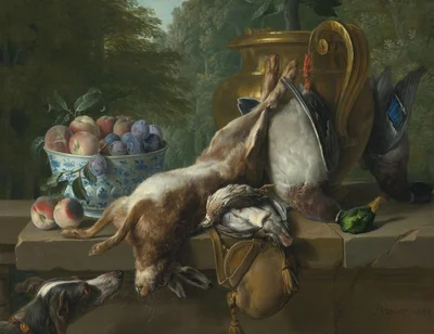 Still life of game with a bowl of plums and peaches