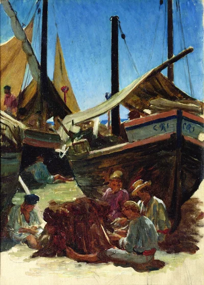 Porto d'Anzio, fishermen spreading their nets on the beach