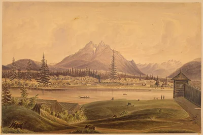H. B. Co. Fort Langley, left bank of Fraser River. Langley Buttes in the distance