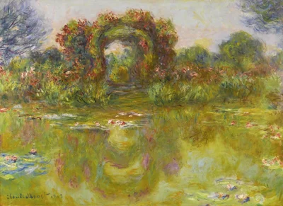 Bassin aux nymphéas, les rosiers