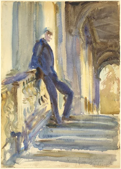 Sir Neville Wilkinson on the Steps of the Palladian Bridge at Wilton House