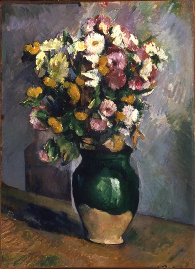 Stillleben mit Blumen in einem Olivenkrug