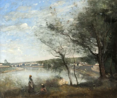 Distant View of Corbeil from behind the trees: Morning