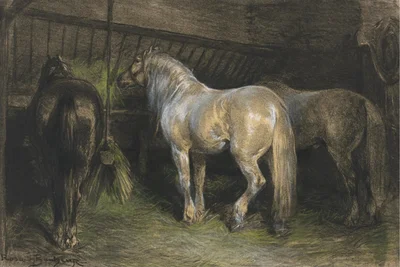 Horses Eating Hay in a Stable