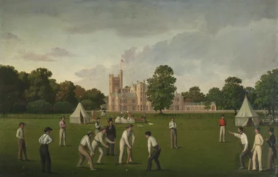 Ein Cricketspiel mit Canford Manor im Hintergrund