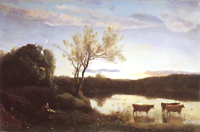The Pond, Three Cows and a Crescent Moon