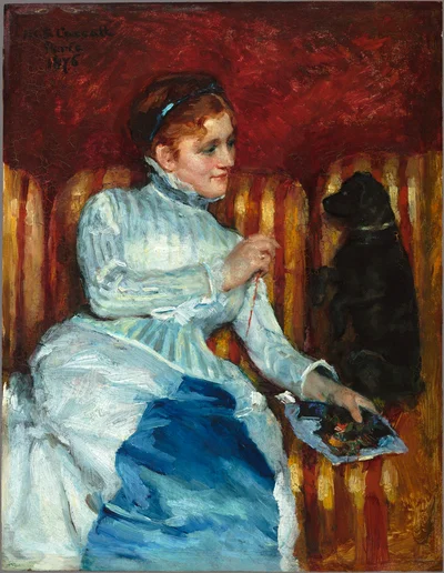 Woman on a Striped Sofa with a Dog