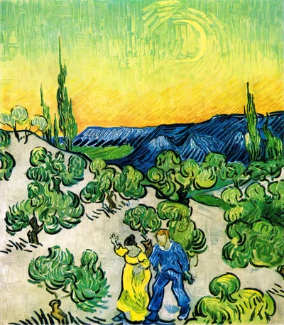 Landscape with Couple Walking and Crescent Moon