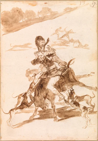 Dogs Chasing a Cat on a Man on a Donkey