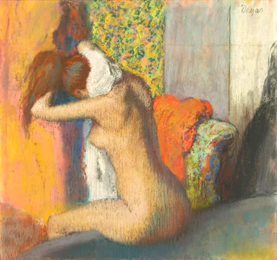After a Bath. Woman Drying the Back of her Neck.
