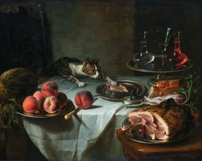 Still Life of the Remnants of a Meal with a Lunging Cat