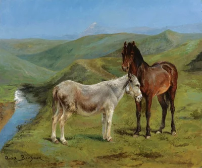 A Pony and a Donkey in a Mountain Landscape