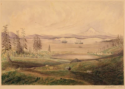 View from Hill on San Juan Island Looking South with Ships at Anchor and Mount Baker in the Distance