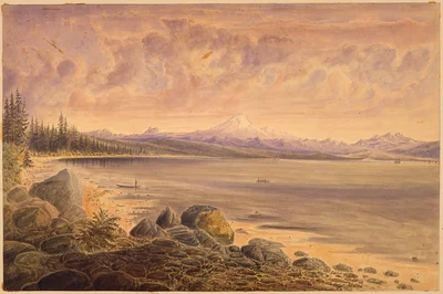 Semiahmoo Bay, from Bluff near entrance of Mud Bay with Camp Semiahmoo, Drayton's Harbor and distant view of Mt. Baker