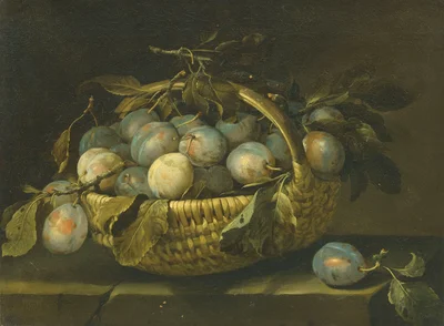 A Basket of Plums on a Ledge