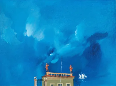 Neoclassical Building with Statues and Sailing Boat