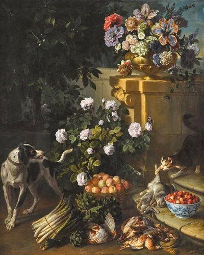 Still Life with a Dog and a Cat in a Garden Landscape with Game