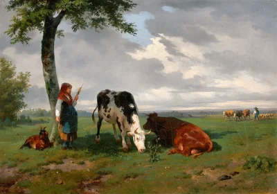 Shepherdess and Two Cows in a Meadow