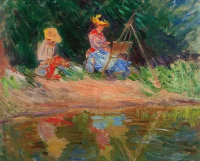 Claude Monet - Blanche Monet peignant avec sa soeur Suzanne au bord de l'eau