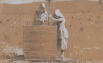Two Girls in Sunbonnets at a Well