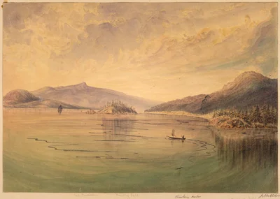 Straits of Rosario. Cypress Island and Strawberry Harbor on the right. Hautboy Island in the centre--Mt. Constitution and Orcas Island in the distance