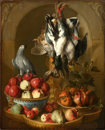 Still Life with Game Trophy, Fruit, and Parrot in a Niche Background