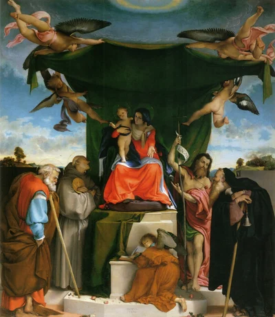Enthroned Madonna with Angels and Saints, St. Joseph and St. Bernard on the left, St. John the Baptist and St. Anthony the Abbot on the right