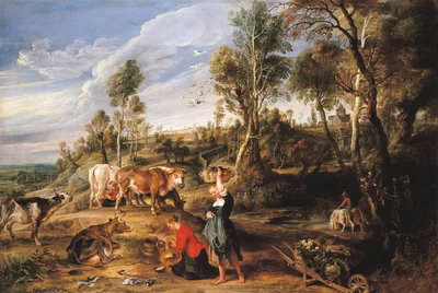 Laitières avec du bétail dans un paysage (La ferme à Laeken)