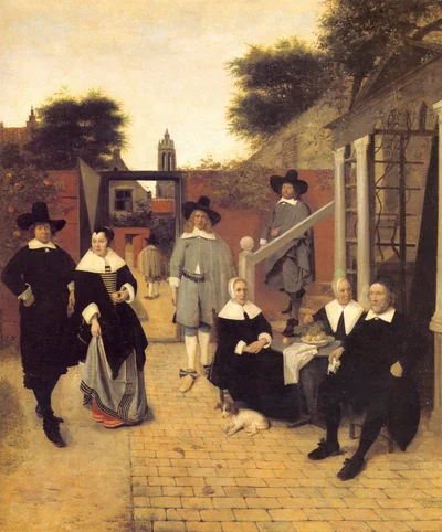 A Woman and Two Men in a Courtyard